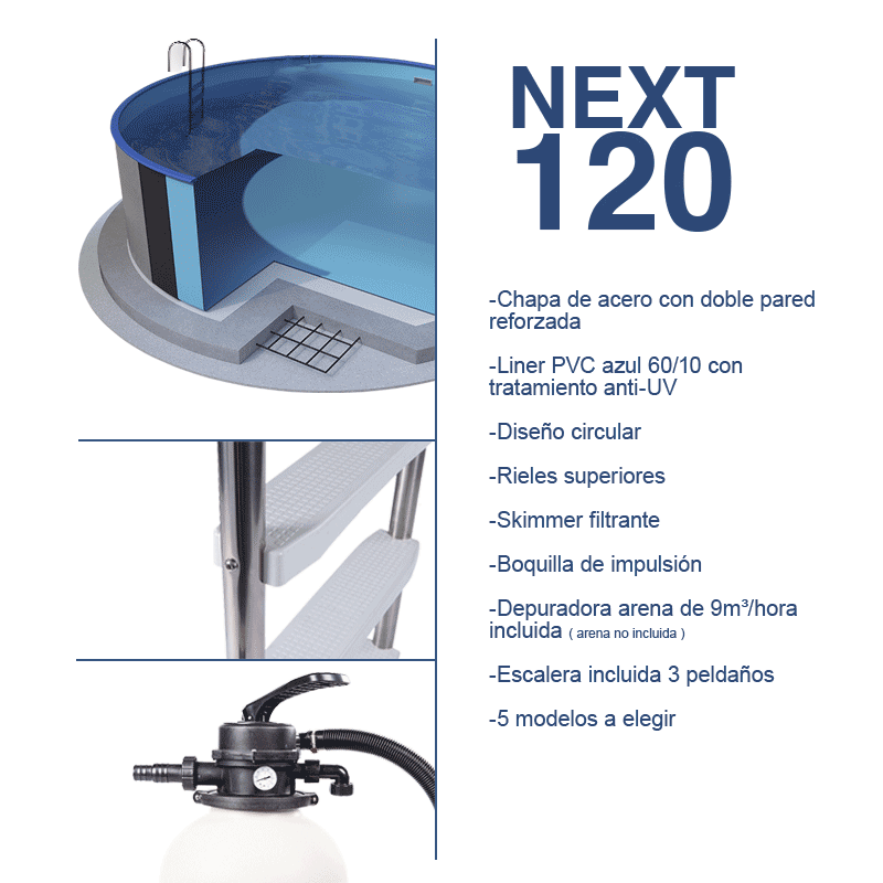 PISCINA CIRCULAR ALTURA 1,20M ENTERRADA IBIZA NEXT COM FILTRO DE AREIA E ESCADA 6