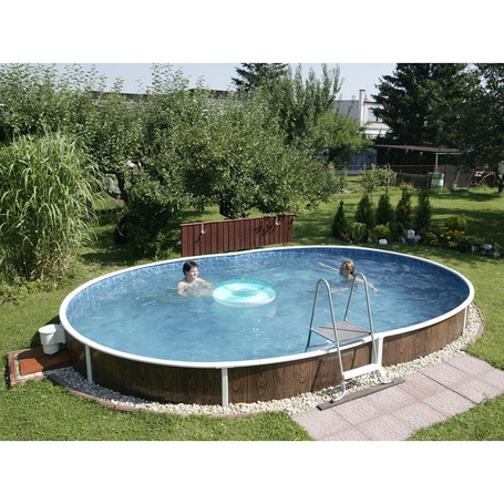 PISCINA OVAL AZURO COM DECORAÇÃO EM MADEIRA 5,5 X 3,7 X 1,2 M 5